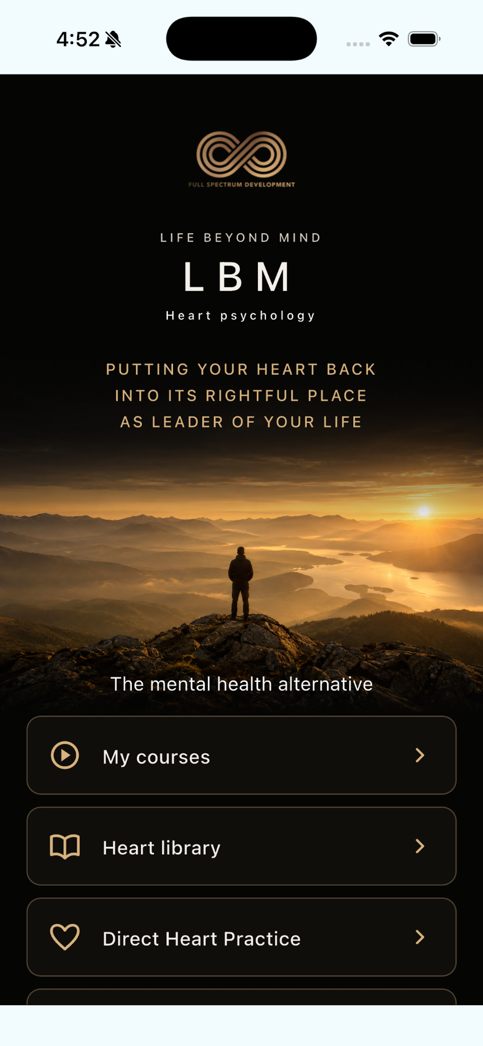 The LBM app welcome screen with links to My courses, Heart library and Direct Heart Practice