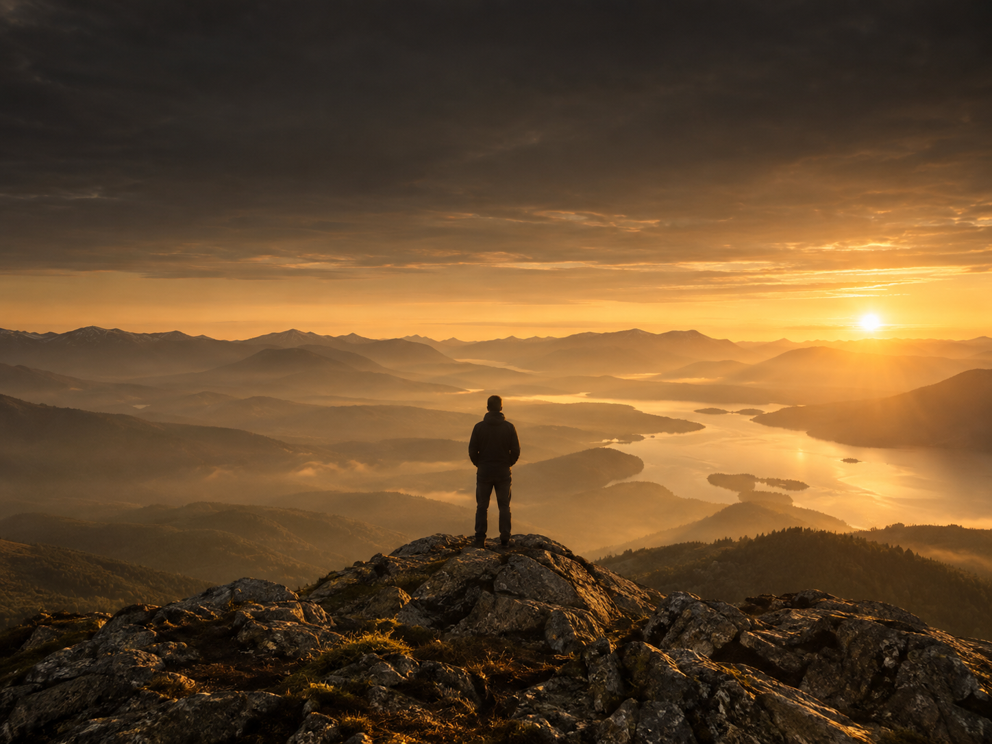 A person looking across a golden mountain landscape at sunrise